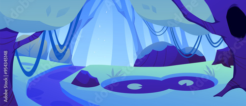 Vector illustration of a fantastic neon blue forest with trees, swamp, rocks, leaves and vines