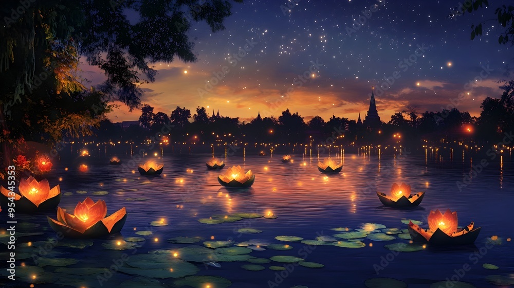 Obraz premium Ethereal Loy Krathong Scene with Floating Krathongs Sparkling Stars and Glowing Lanterns Illuminating the Calm River at Night