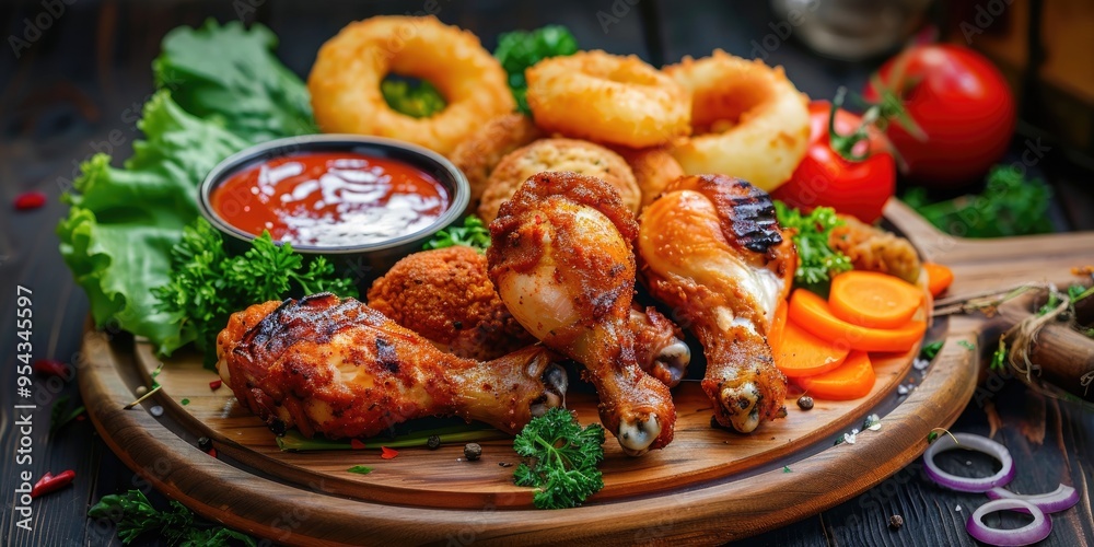Fototapeta premium Crispy fried chicken legs with onion rings croquettes carrots sauces and greens on a wooden board