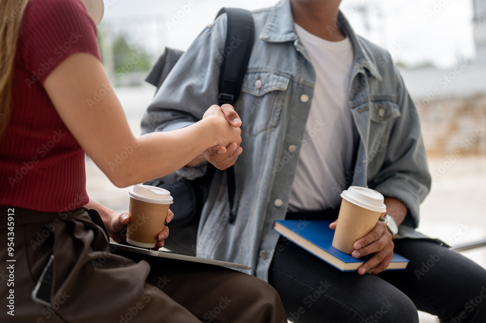 A cropped image of a female college student is shaking hands with her male friend.