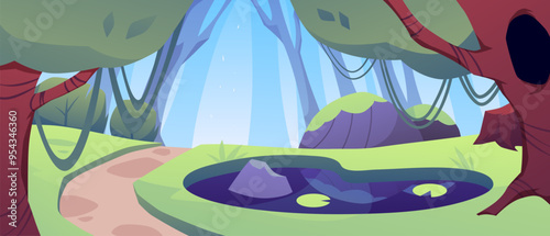 Magical vector illustration of a forest with trees, a pond and a road.