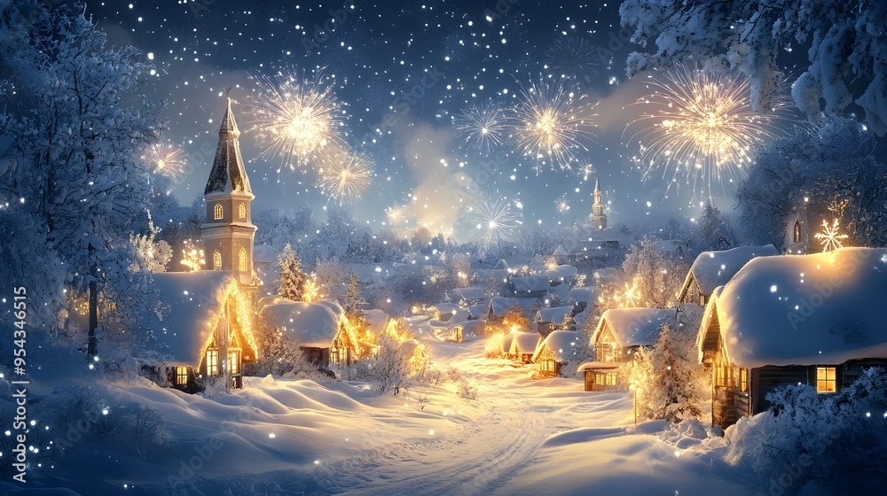 Captivating nighttime landscape with a dreamy sky filled with sparkling stars and vibrant fireworks the glowing lights beautifully reflected on the snow covered rooftops of a peaceful village Captivating nighttime landscape with a dreamy sky filled with sparkling stars and vibrant fireworks the glowing lights beautifully reflected on the snow covered rooftops of a peaceful village