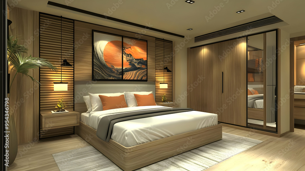 Fototapeta premium Modern Bedroom Interior Design with Wooden Walls and Minimalist Decor