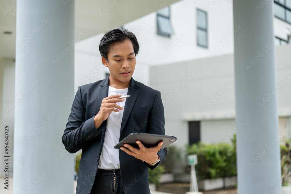A successful Asian businessman is using his digital tablet while standing in an outdoor hallway. A successful Asian businessman is using his digital tablet while standing in an outdoor hallway.