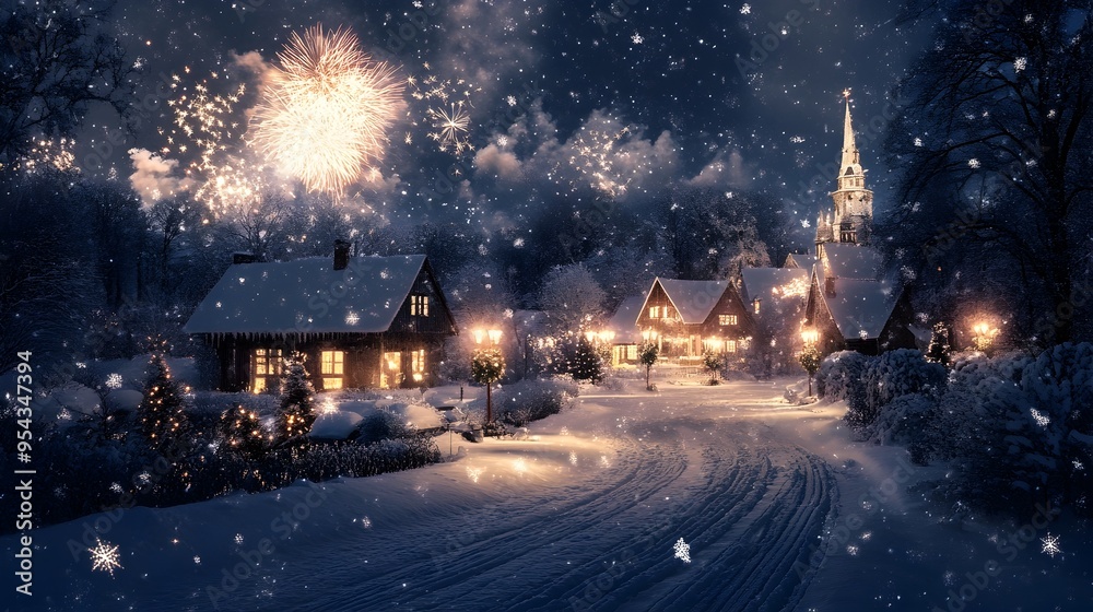 A peaceful snowy village scene comes alive with a magical display of twinkling stars and vibrant fireworks transforming the quiet night into a captivating New Year s Eve A peaceful snowy village scene comes alive with a magical display of twinkling stars and vibrant fireworks transforming the quiet night into a captivating New Year s Eve