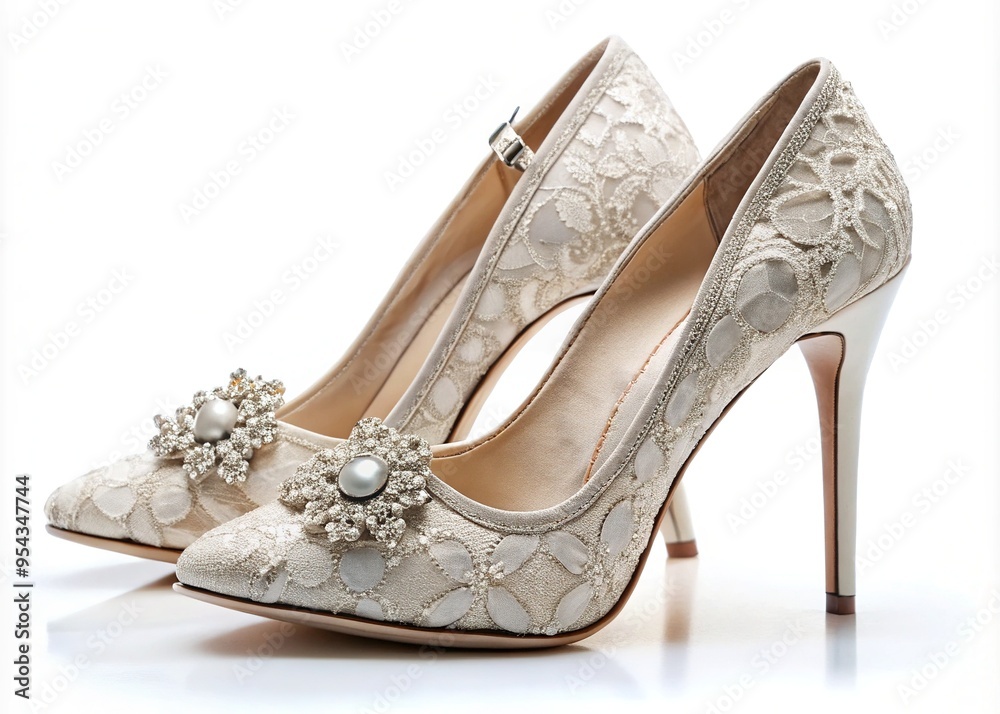 Obraz premium Elegant stilettos with intricate lace details and sparkling gemstone buckles stand against a clean white background, showcasing high-end fashion and luxury footwear design elements.