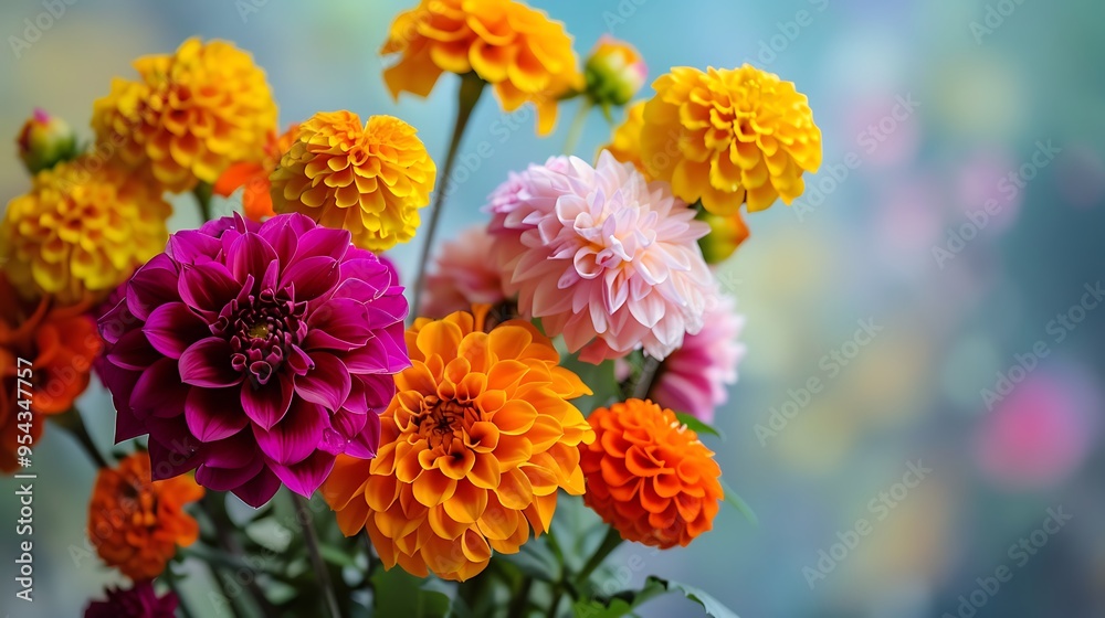A bouquet of dahlias and marigolds isolated on colorful background A bouquet of dahlias and marigolds isolated on colorful background
