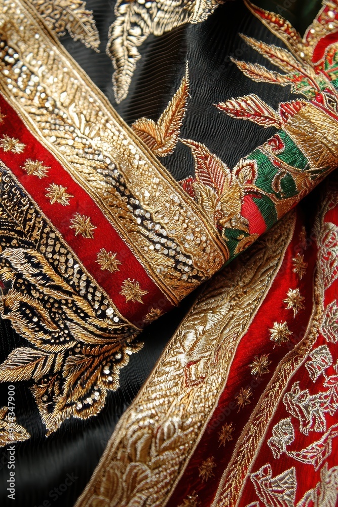 Close up of Black Red and Gold Embroidered Fabric with Floral Design Close up of Black Red and Gold Embroidered Fabric with Floral Design