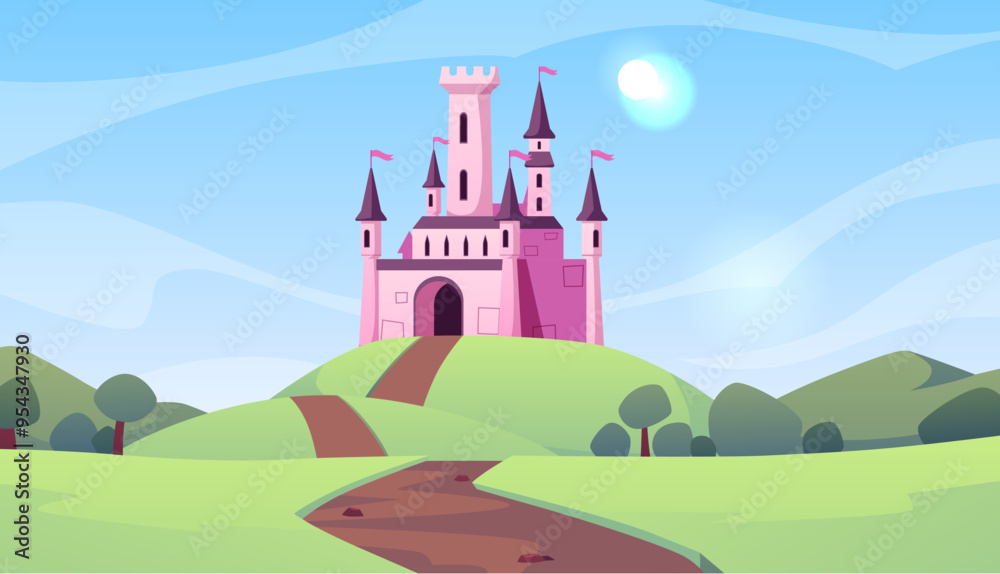 Naklejka premium A fairytale pink castle for a princess in a green valley.