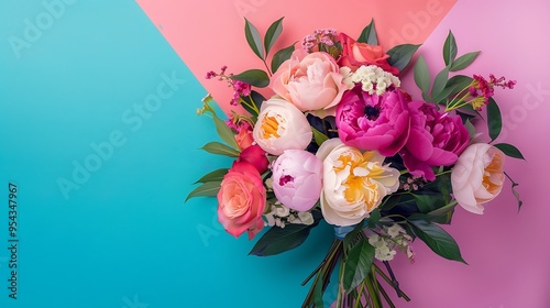 A bouquet of garden roses and peonies isolated on colorful background