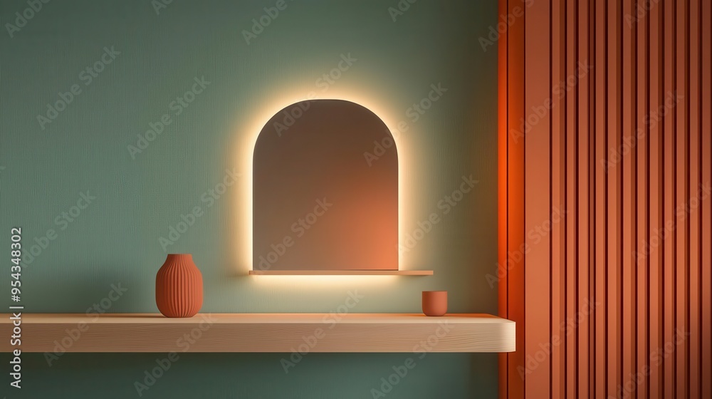 A streamlined dressing table with a thin mirror and subtle undershelf lighting, creating a soft, ambient glow in a minimalist bedroom, Contemporary, Digital Art A streamlined dressing table with a thin mirror and subtle undershelf lighting, creating a soft, ambient glow in a minimalist bedroom, Contemporary, Digital Art
