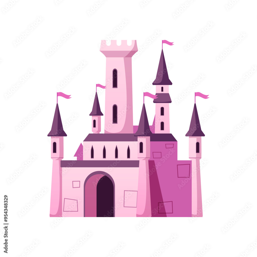 Medieval castle with towers vector icon, cartoon fairytale mansion, vintage king fortress castle, ancient stone palace