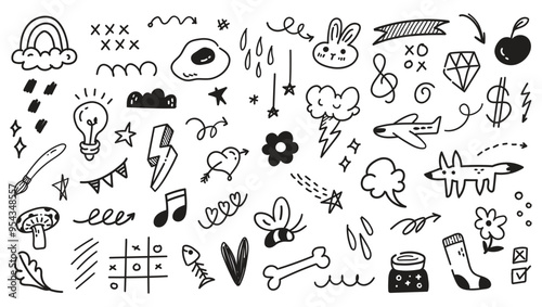 Creative Hand-Drawn Doodle Set | Playful Vector Scribbles, Symbols, and Sketches | Abstract Black and White Illustration for Design Projects photo