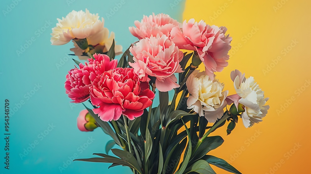 A bouquet of pink peonies and white carnations isolated on colorful background A bouquet of pink peonies and white carnations isolated on colorful background