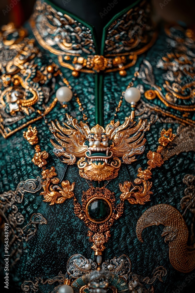 Closeup of Chinese Traditional Dragon Ornament on Green Fabric Closeup of Chinese Traditional Dragon Ornament on Green Fabric
