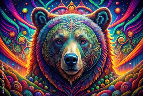 Vibrant illustration of a majestic bear amidst colorful psychedelic patterns and swirling shapes, perfect for music lovers and fans of counterculture aesthetics. photo