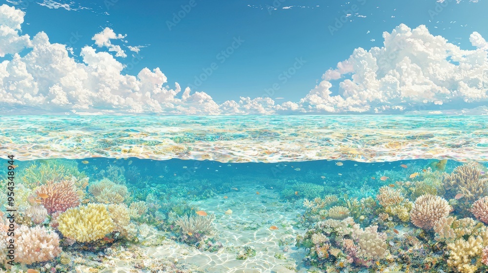 Obraz premium Underwater Coral Reef with Blue Sky and Clouds