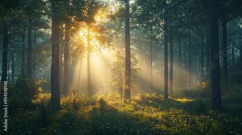 Golden Sunrise Illuminates Lush Forest with Morning Mist