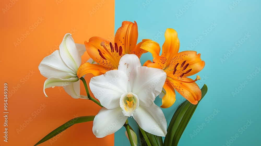 Naklejka premium A bouquet of white orchids and orange lilies isolated on colorful background