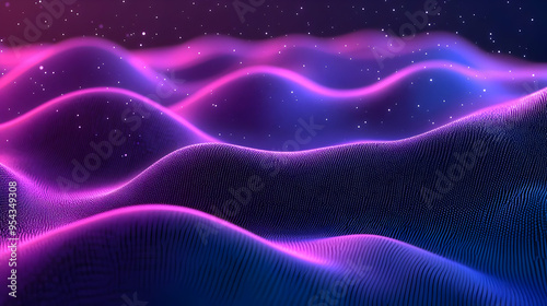 Abstract Purple and Blue Wavy Lines with Glowing Dots Background