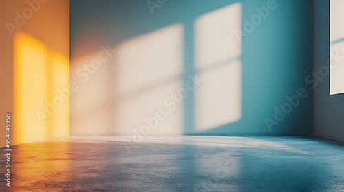 Empty Room Corner with Light Streaks and Concrete Floor photo