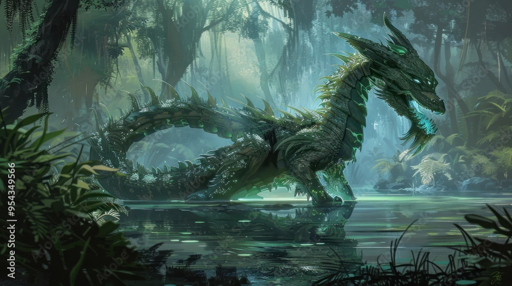 Cyberpunk style Glowing Dragon in the Forest. ai generated image Cyberpunk style Glowing Dragon in the Forest. ai generated image