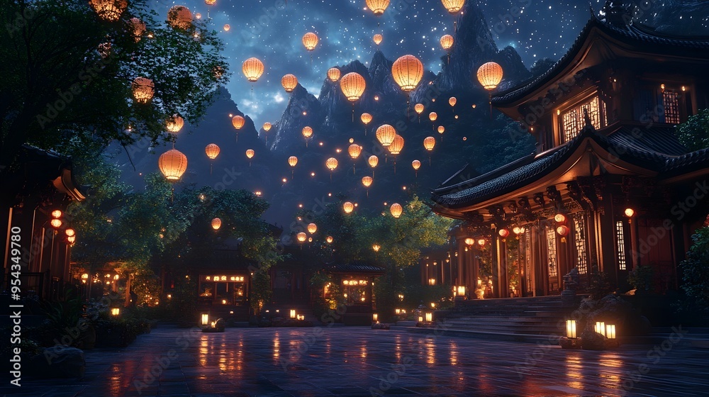 Serene and peaceful temple courtyard scene during the Yi Peng Festival with glowing lanterns softly ascending into a night sky filled with twinkling stars creating a magical and tranquil atmosphere Serene and peaceful temple courtyard scene during the Yi Peng Festival with glowing lanterns softly ascending into a night sky filled with twinkling stars creating a magical and tranquil atmosphere