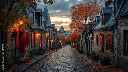 Cobblestone Street Glows at Sunset in Quebec City's Autumn photo