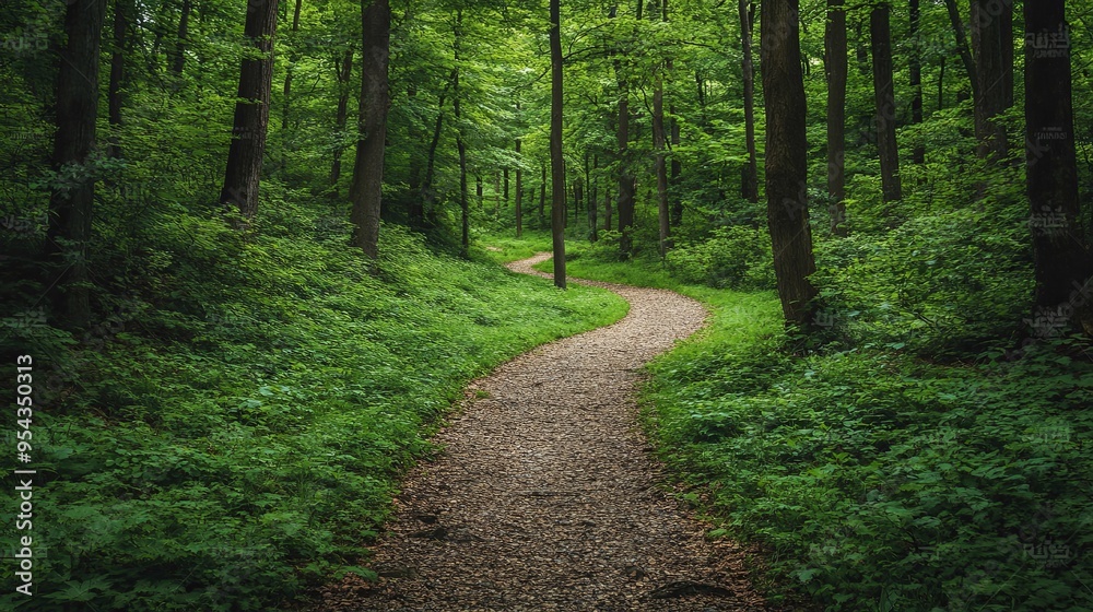 Winding Forest Path Through Lush Green Trees Beckons Quietly Winding Forest Path Through Lush Green Trees Beckons Quietly