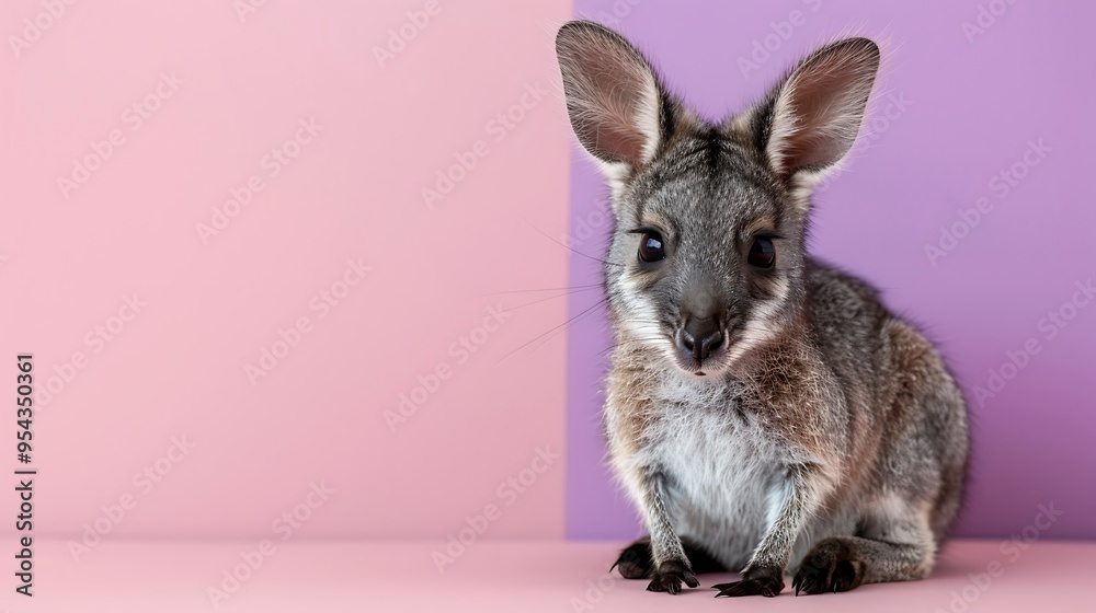 Obraz premium A charming baby wallaby isolated on pink and purple background