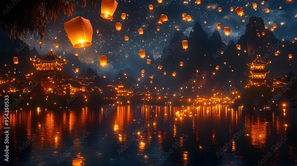 Obraz premium A dreamy night in the year 2050 where traditional lanterns hover and change shapes as they float effortlessly into a sky filled with twinkling stars blending timeless elements with a futuristic