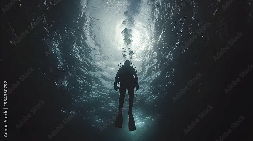 Fototapeta premium Scuba Diver Silhouette Underwater Ocean Sunlight
