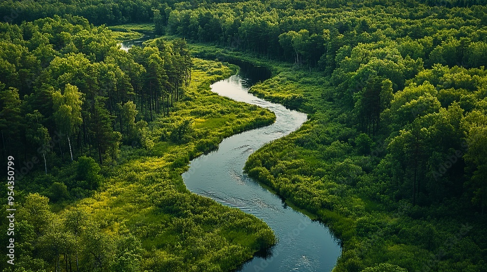 Winding River Flows Through Lush Green Forest Wilderness Winding River Flows Through Lush Green Forest Wilderness