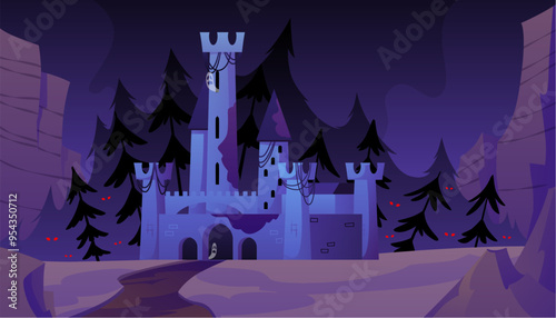 Vector illustration of a castle with ghosts and scary red eyes, surrounded by trees