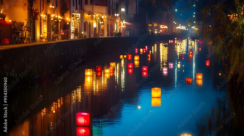 Serene river scene at night with colorful lanterns reflecting on the calm water surrounded by a twinkling starry sky and soft glowing illumination during the traditional Festa della Rificolona Serene river scene at night with colorful lanterns reflecting on the calm water surrounded by a twinkling starry sky and soft glowing illumination during the traditional Festa della Rificolona