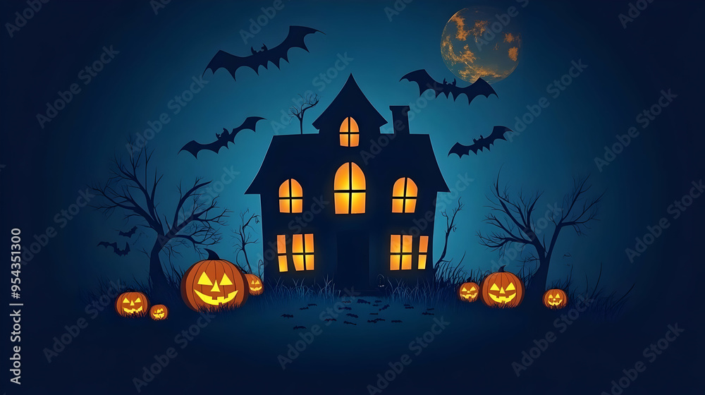Haunted House Halloween Night with Jack o Lanterns and Bats Haunted House Halloween Night with Jack o Lanterns and Bats
