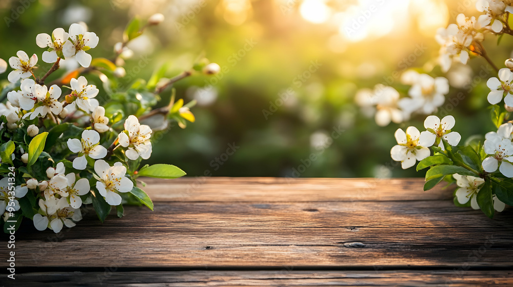 Spring Blossom Flowers on Wooden Table with Sunbeams Spring Blossom Flowers on Wooden Table with Sunbeams