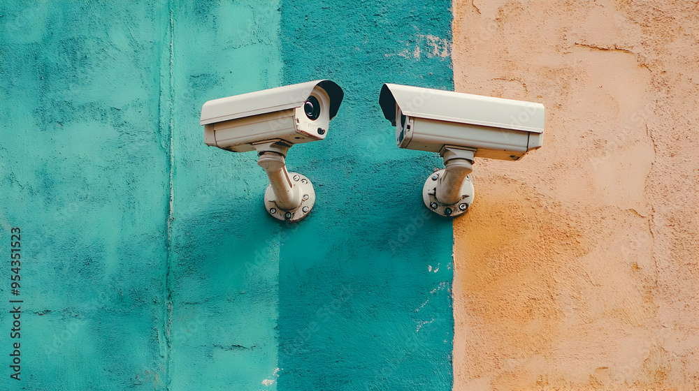 Security Cameras on Colorful Wall Security Cameras on Colorful Wall