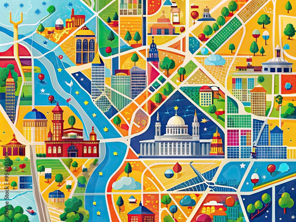 Vibrant illustration of Washington D.C. metropolitan area map, highlighting major roads, landmarks, and neighborhoods in bold colors, offering a fresh and modern urban perspective. Vibrant illustration of Washington D.C. metropolitan area map, highlighting major roads, landmarks, and neighborhoods in bold colors, offering a fresh and modern urban perspective.