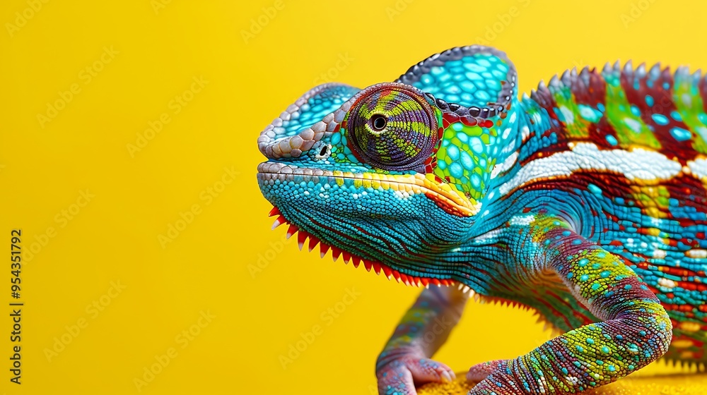 Obraz premium A colorful chameleon blending in isolated on yellow background