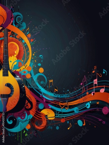 Musical Instruments Background with Colorful Splashes and Notes