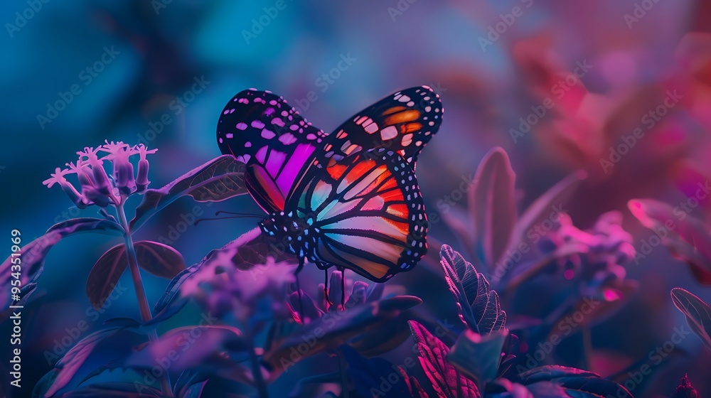 A colorful butterfly resting on a flower isolated on a purple and blue background A colorful butterfly resting on a flower isolated on a purple and blue background