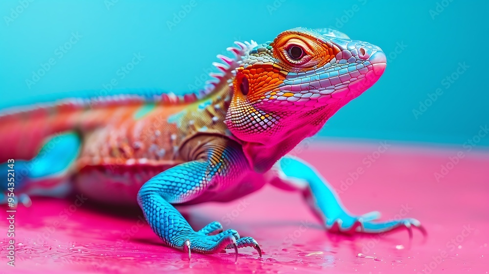 Naklejka premium A colorful lizard on a pink and blue backdrop