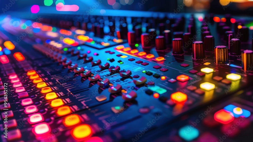 Audio mixing console with colorful LED lights in close-up, showcasing sound engineering and music production elements.. Audio mixing console with colorful LED lights in close-up, showcasing sound engineering and music production elements..