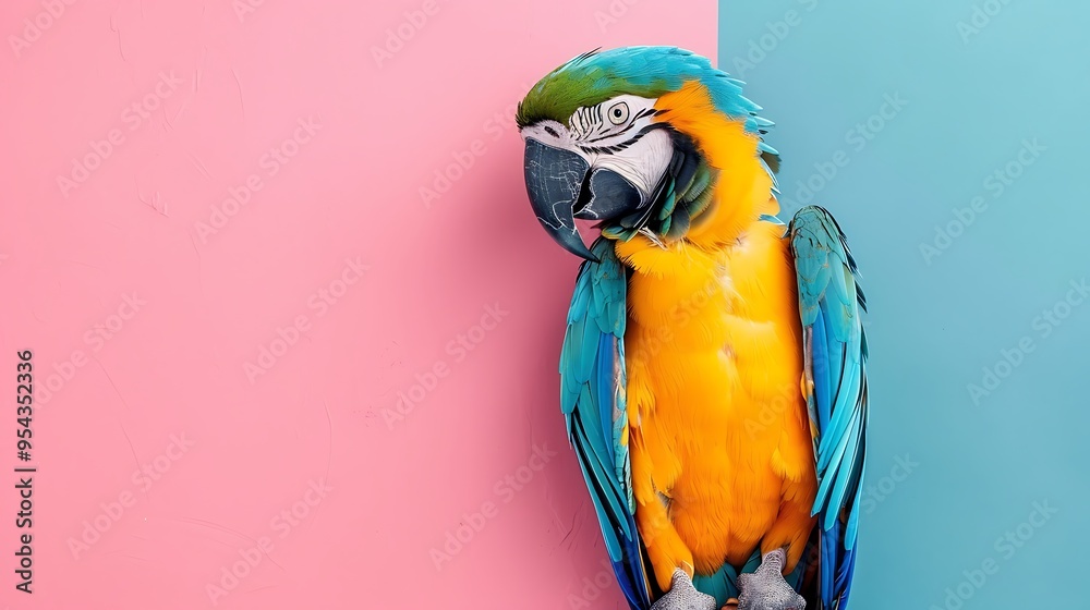 Fototapeta premium A colorful parrot perched on pink and blue background with vivid feathers