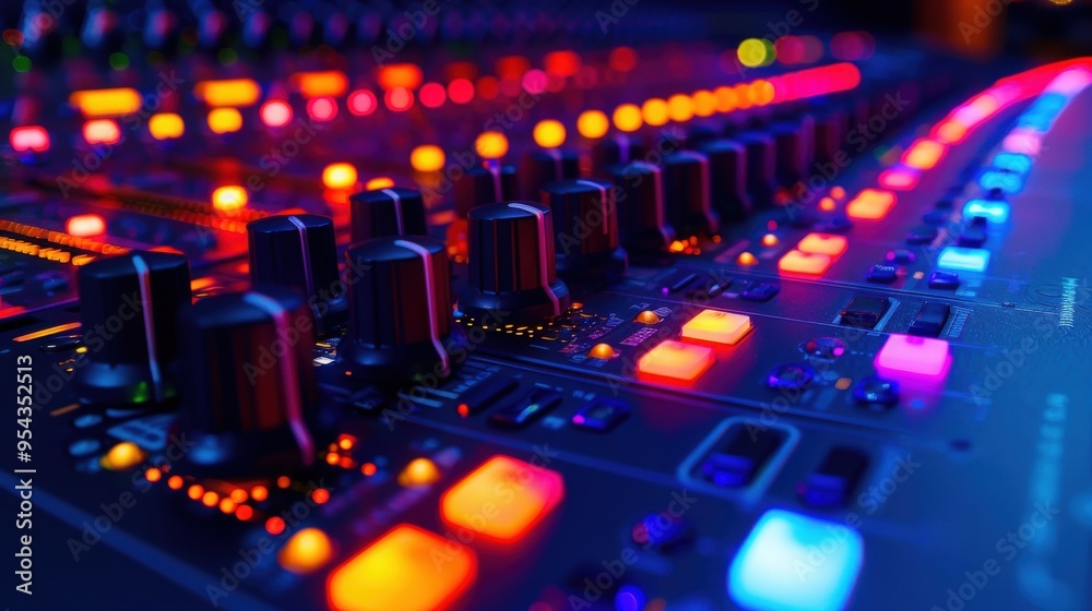 Detailed close-up of an audio mixing console with vibrant LED lights, perfect for sound engineering and music production visuals.. Detailed close-up of an audio mixing console with vibrant LED lights, perfect for sound engineering and music production visuals..