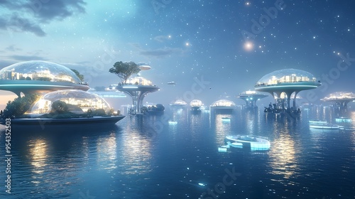 A futuristic scene in the year 2050 where floating cities drift peacefully on the calm waters of the ocean surrounded by a sparkling starry sky and a soft glowing horizon #954352503