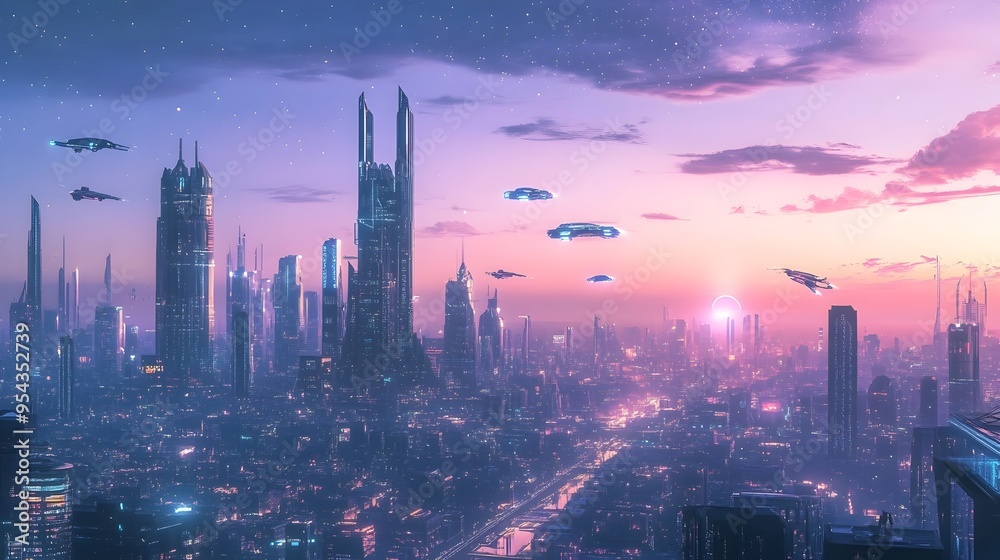 A visionary futuristic cityscape in the year 2050 featuring flying vehicles soaring above glowing towering skyscrapers set against a breathtaking sky filled with sparkling stars and a soft A visionary futuristic cityscape in the year 2050 featuring flying vehicles soaring above glowing towering skyscrapers set against a breathtaking sky filled with sparkling stars and a soft
