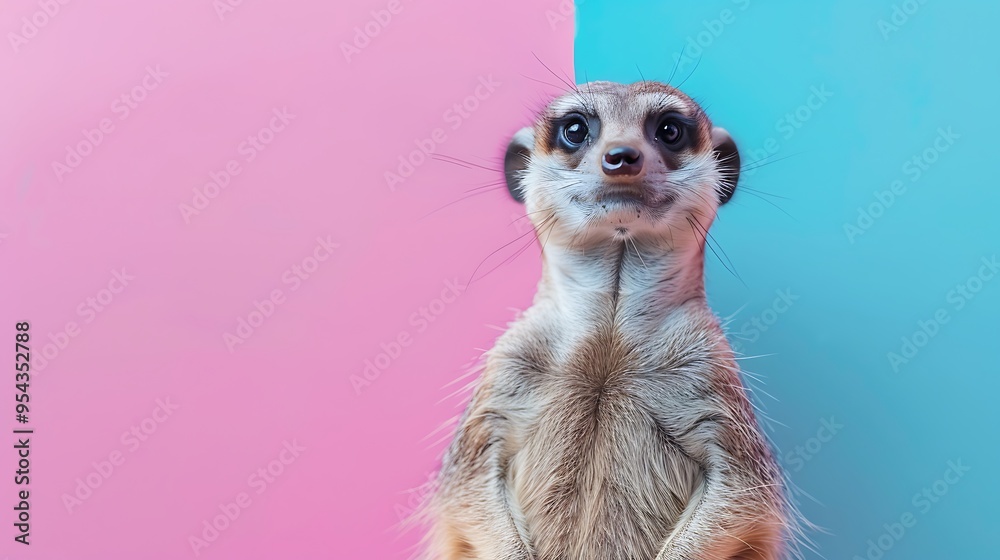 A curious meerkat on a pink and blue gradient background A curious meerkat on a pink and blue gradient background