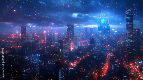 Wallpaper Mural Night city panorama with network hologram Torontodigital.ca